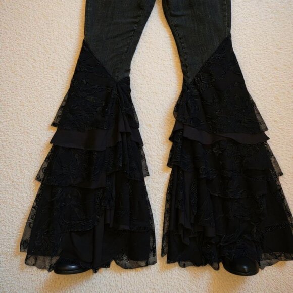 Mid Rise Lace Tiered Flare Denim Jeans - Picture 4 of 6